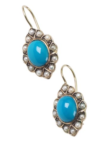 Ca. 1900 - Late Victorian Turquoises & Pearls Earrings - Image 3