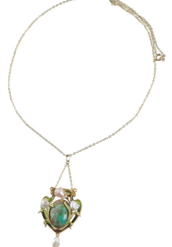 ** SOLD ** Ca. 1915 - Turquoise, Enamel & Pearls Art nouveau Pendant - Image 5
