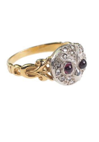 Ca. 1970 - "Owl" Gold & Silverring with Diamonds and Garnet - Image 4
