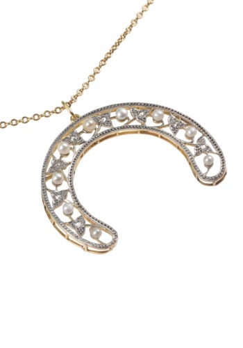 Ca. 1910 - Diamonds & Pearls Gold Pendant with chain - Image 3