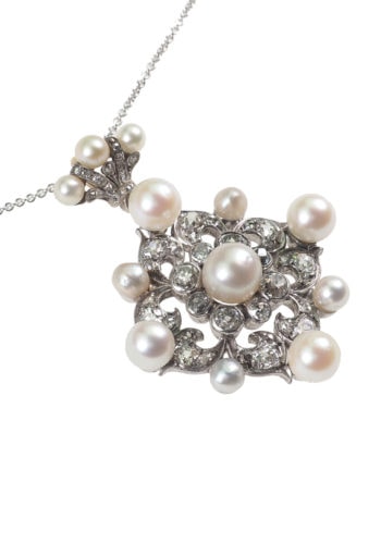 ** SOLD ** Ca. 1880 - Diamonds & Natural pearls Pendant with goldchain - Image 3