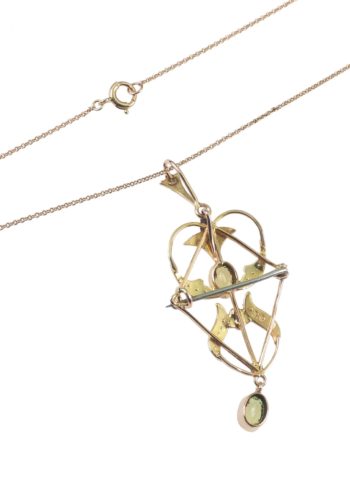 Ca. 1910 - Peridot & Pearl Gold Pendant + Chain - Image 4