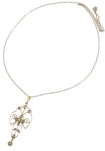Ca. 1910 - Edwardian Gold Pendant with Chain, Peridot & Pearl - Image 3