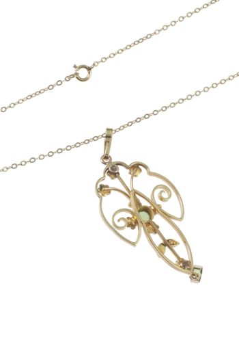 Ca. 1910 - Edwardian Gold Pendant with Chain, Peridot & Pearl - Image 4