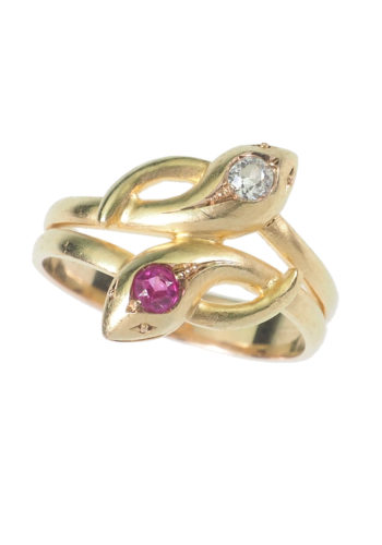 Ca. 1970 - "Snakes" Gold ring with Diamond & Ruby - Image 3