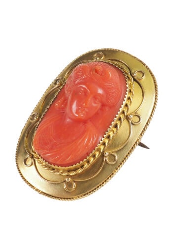 Ca. 1860 - 15 ct. Gold Brooch with Coral Cameo Victorian Italy - Image 3