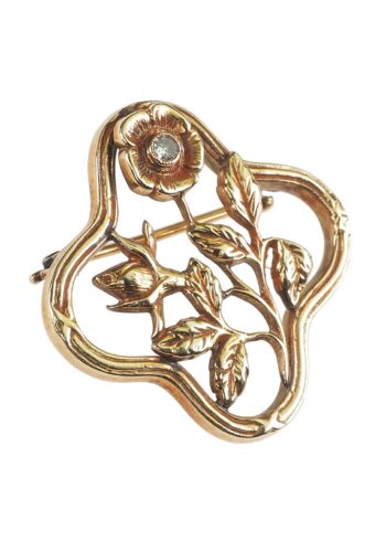 Ca. 1900 - Jugendstil Gold Brooch "Flower" with Diamond - Image 3
