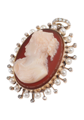 Ca. 1880 - French Carnelian Cameo Pendant with Diamonds & Pearls - Image 3