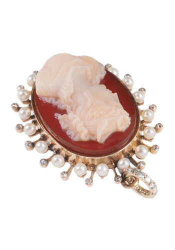 Ca. 1880 - French Carnelian Cameo Pendant with Diamonds & Pearls - Image 4