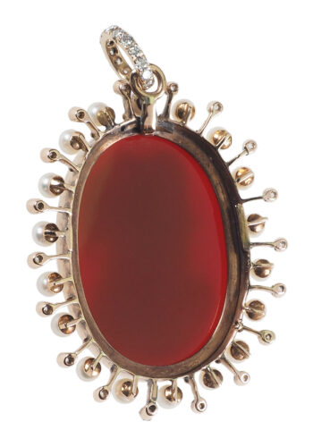 Ca. 1880 - French Carnelian Cameo Pendant with Diamonds & Pearls - Image 5