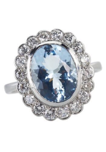 Ca. 1960 - Vintage Aquamarinering made of Platinum, with 18 Diamonds Daisy - Image 3