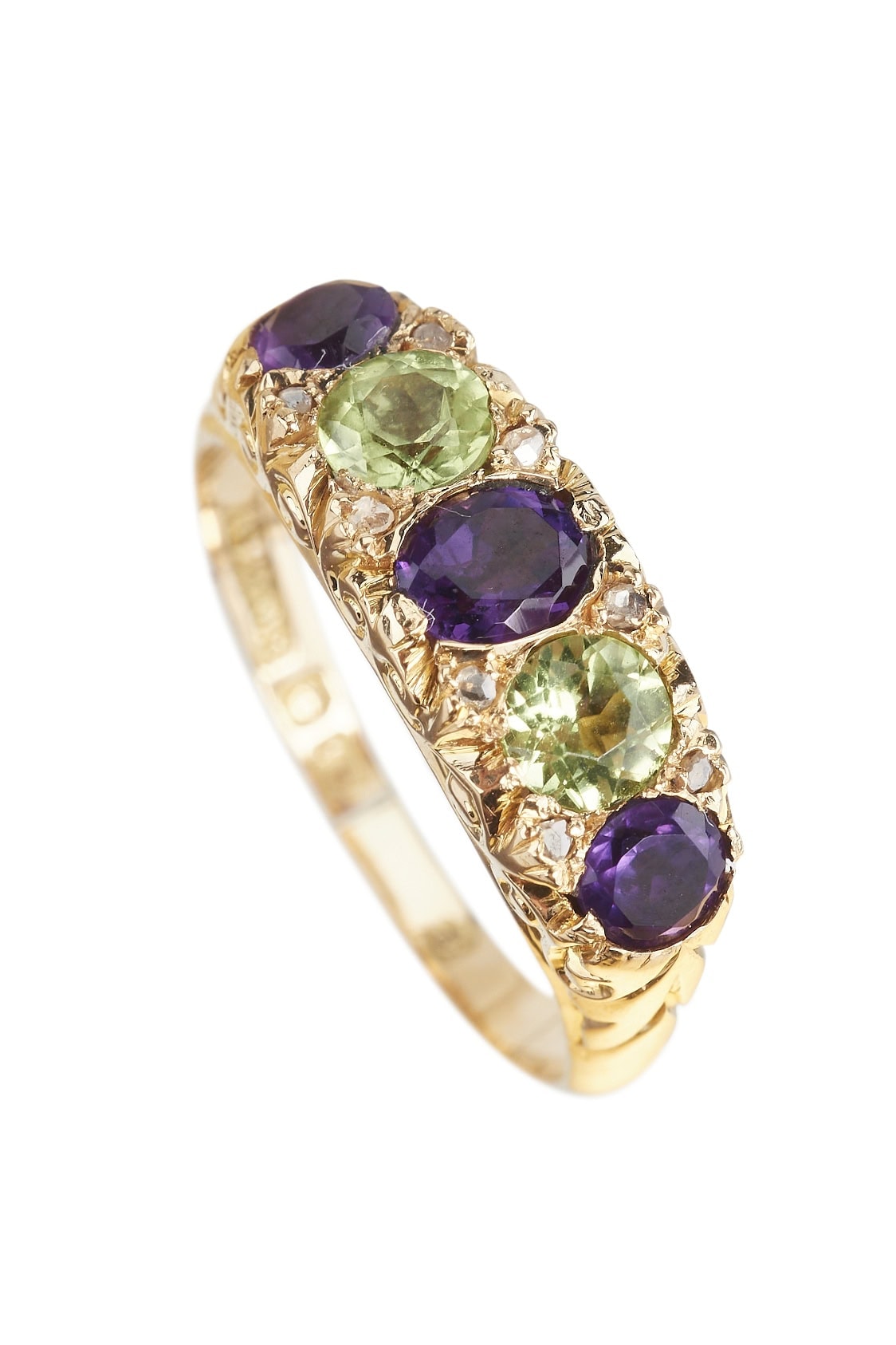 Edwardianischer Ring mit Peridots, Amethyste und Diamanten aus 18 Karat Gold