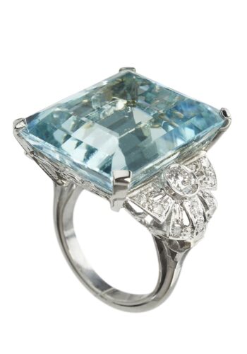 Ca. 1940 - Art déco Ring with Aquamarine and Diamonds, incl. Gemstone Certificate! - Image 4