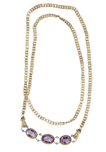 Ca. 1820 - 18 ct. Gold necklace / Sautoir from Georgian England, with Amethysts & Turquoises - Image 4